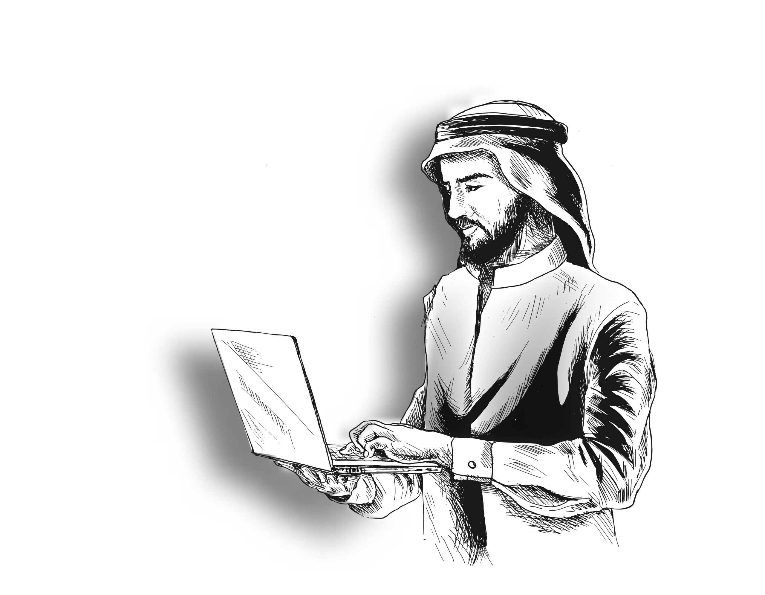 Arab businessman in business concept Working On A notebook, Sketch Vector Background.
